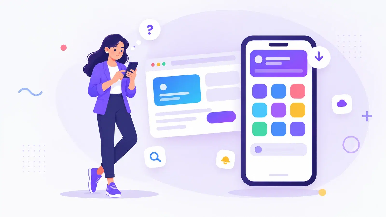 Illustration of a woman holding a phone, standing between a website open in a browser window and a large smartphone showing a grid of app icons